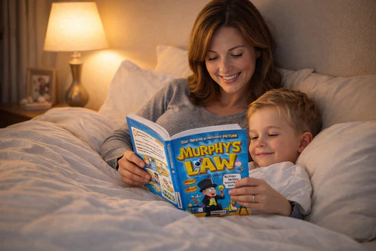 Child reading Murphy’s Law Life Principles for Children at bedtime
