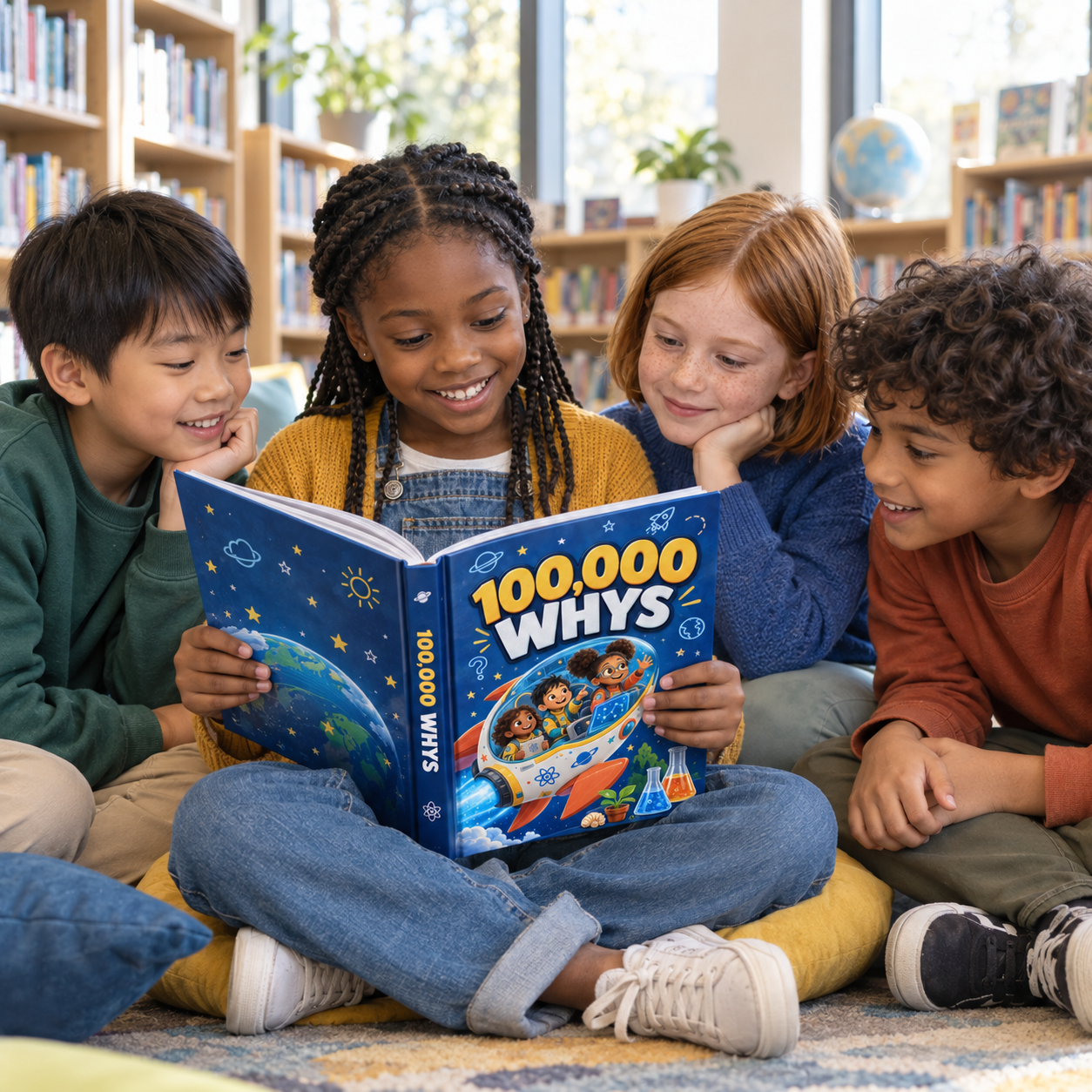Children reading the 100,000 WHYS book together in a library