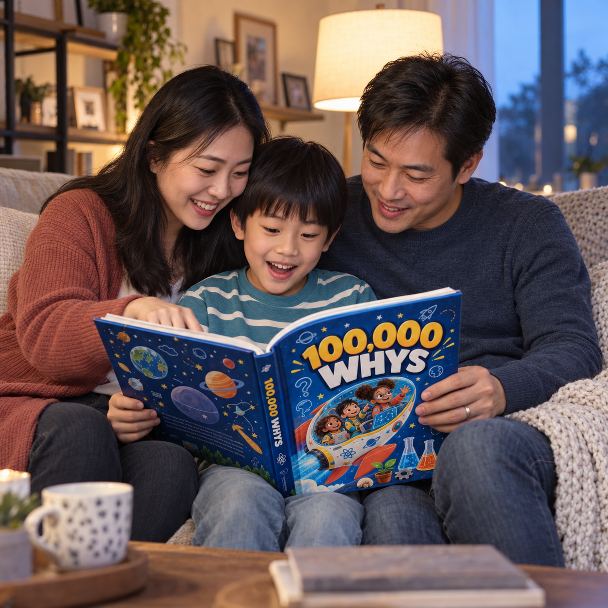 Parents and their child reading the 100,000 WHYS book together