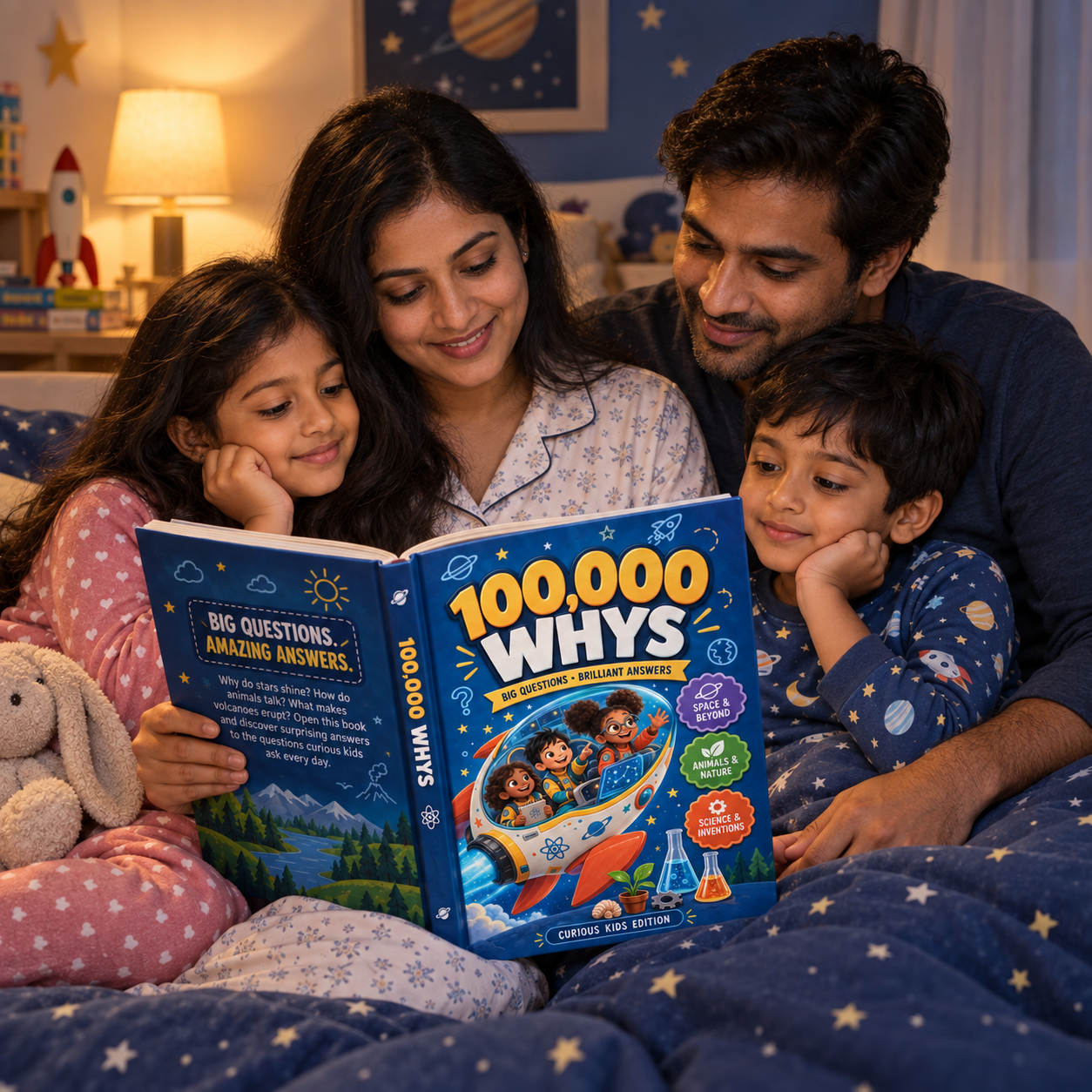 A family reading 100,000 WHYS together at bedtime