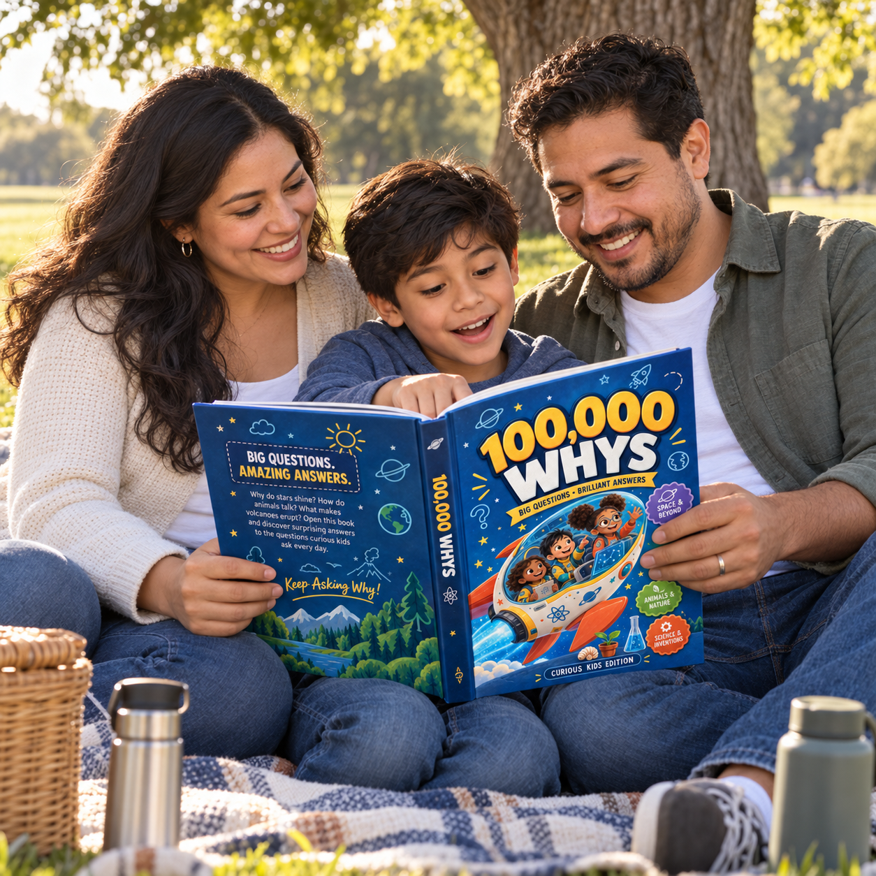 A family reading 100,000 WHYS together during a park picnic