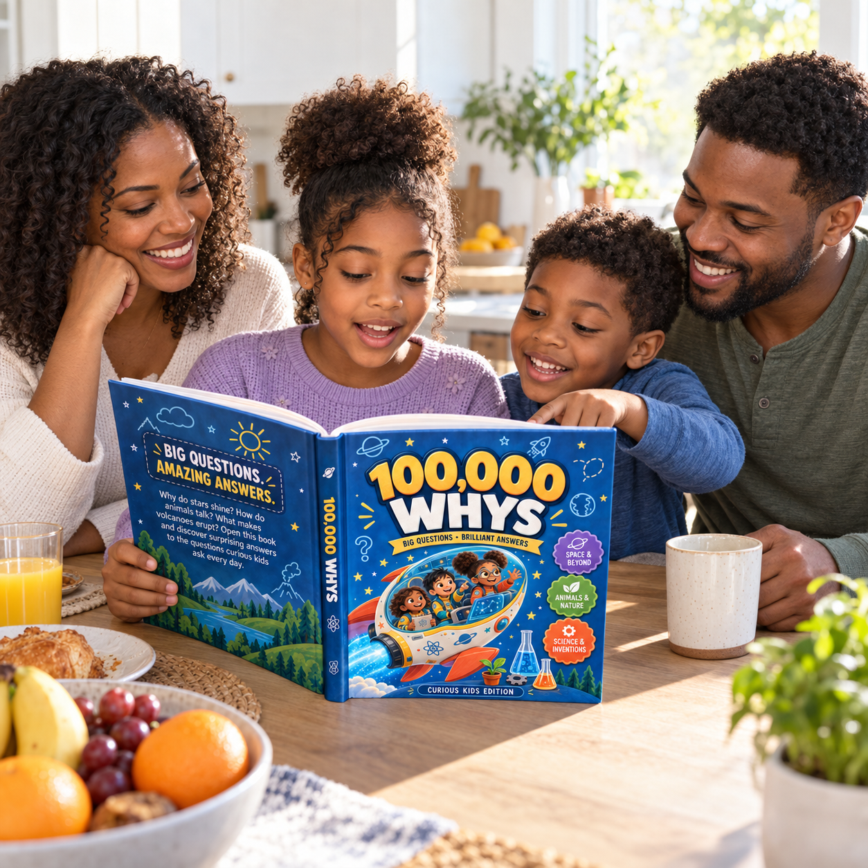 A family reading 100,000 WHYS together in their kitchen